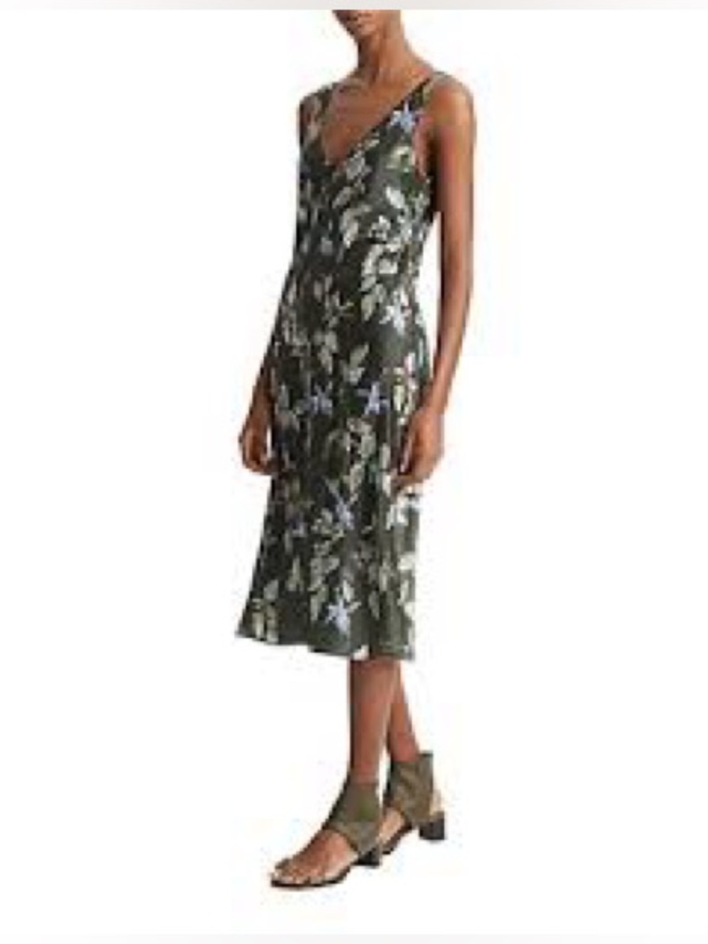 Vince Bellflower Olive Green Floral Slip Midi Satin Dress small